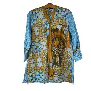 Pret by Nishat Linen Geometric 3/4 Sleeve Tunic Top Pima Cotton Size Small Artsy